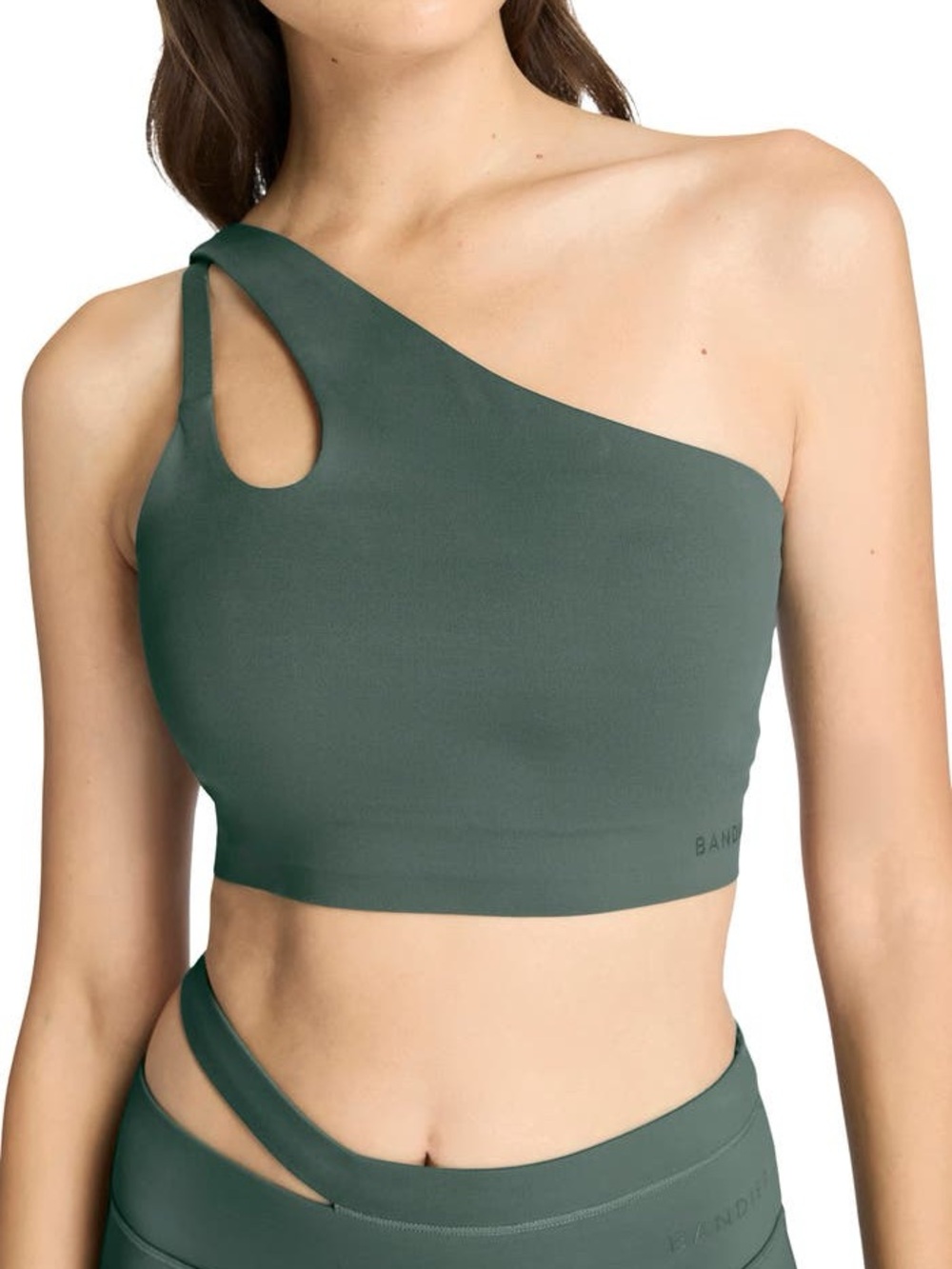 Bandier One-Shoulder Cutout Crop Tank Top - Forest Green